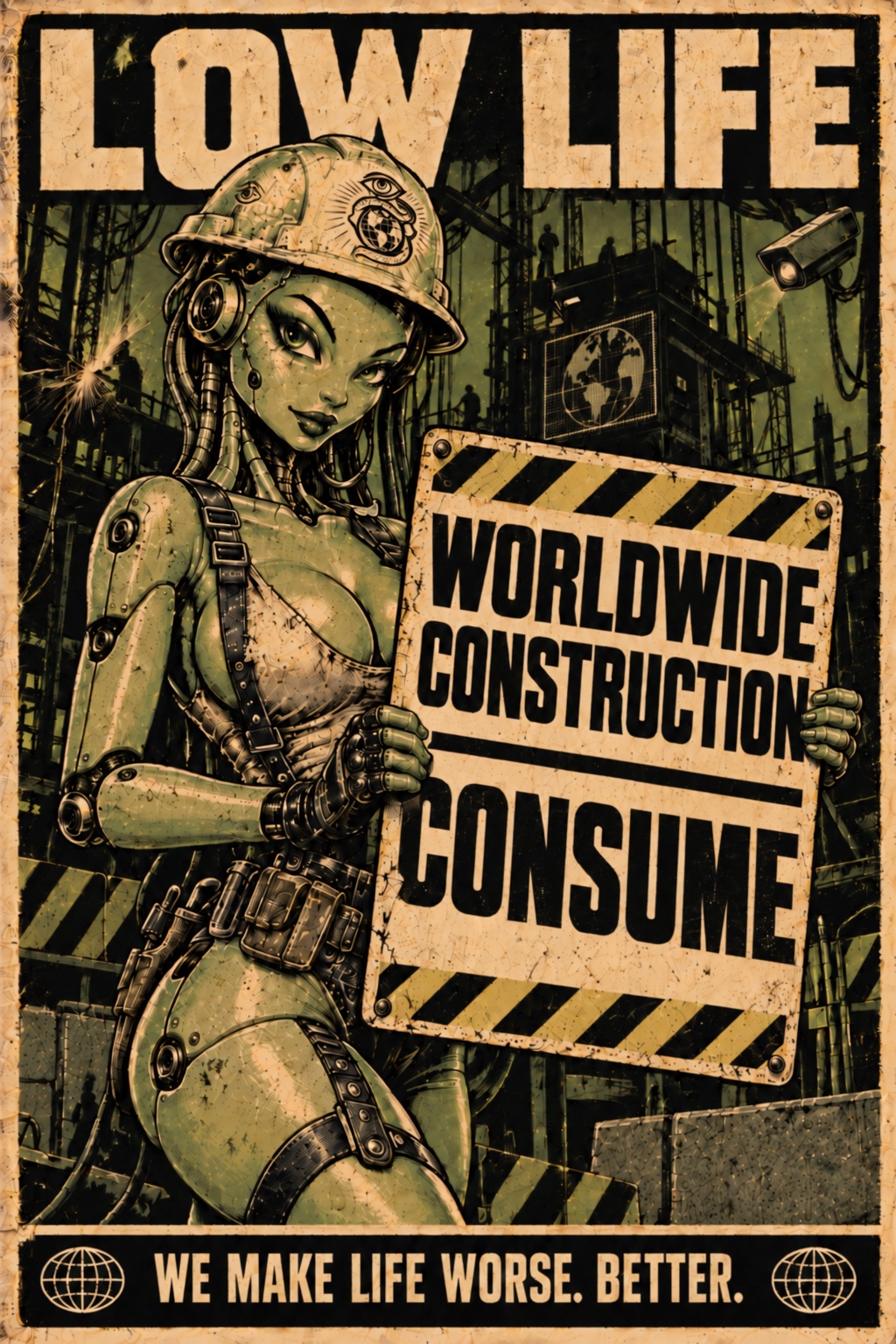 LOW LIFE android construction worker holding a Worldwide Construction Consume sign