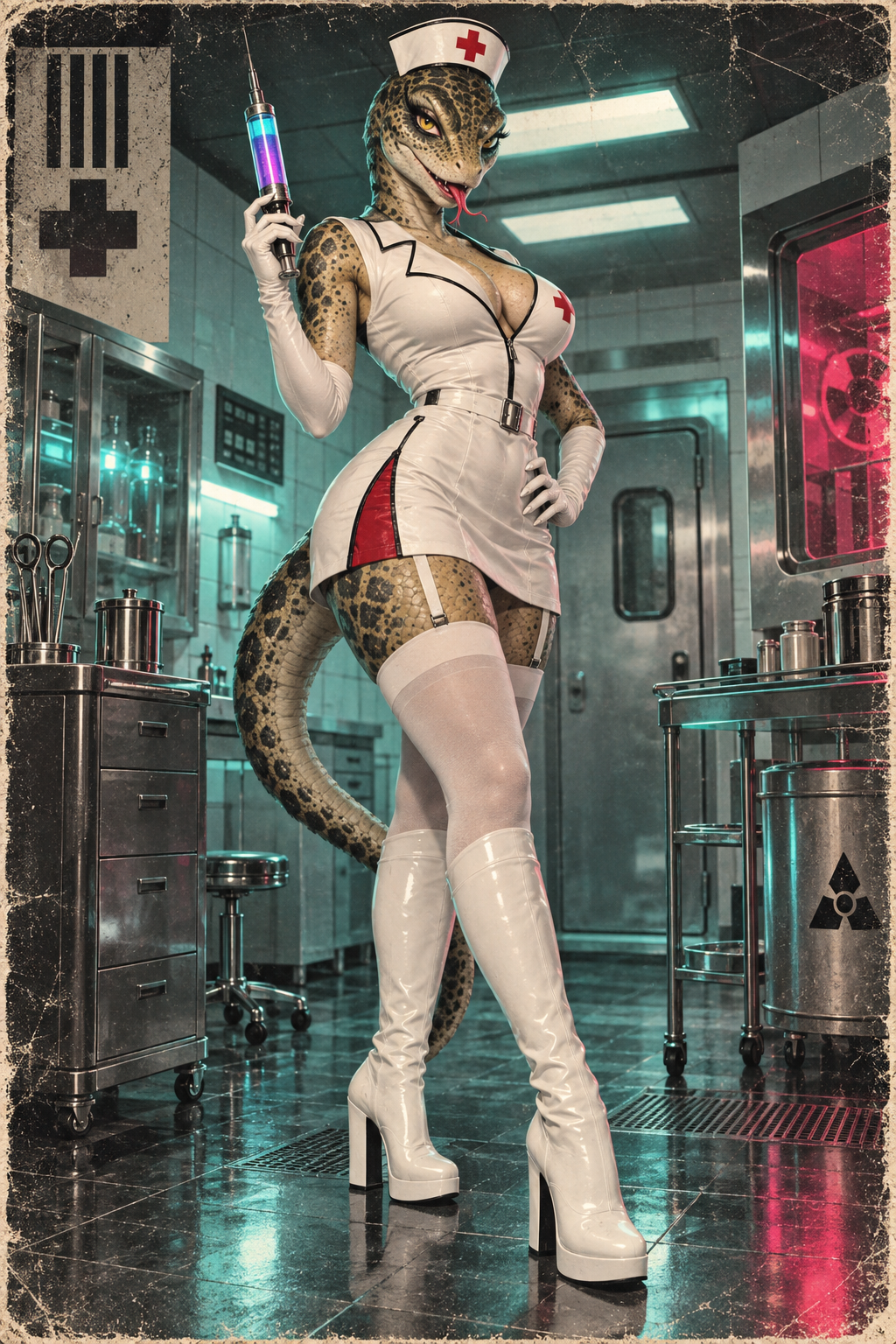 A reptilian nurse waits in a sterile clinic holding a glowing syringe