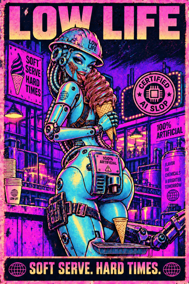 LOW LIFE android waiting beside an empty soft-serve cone